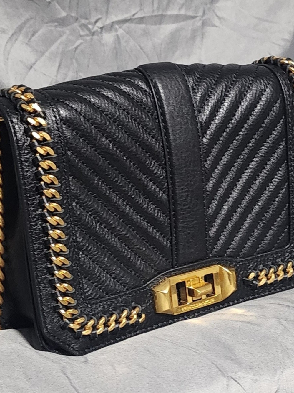 NWT Rebecca Minkoff Chevron Quilted Love Black Leather Crossbody Bag Purse